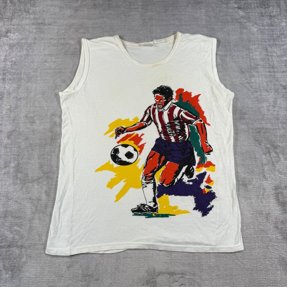 Vintage Soccer Shirt Mens Medium White 80s Tank Top Art Football Player